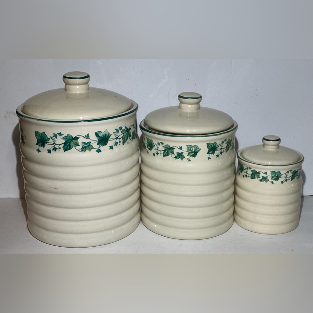 Set Of 3 Vintage Himark Ivy Tyme Ceramic Canisters Containers With Lids *GREAT*